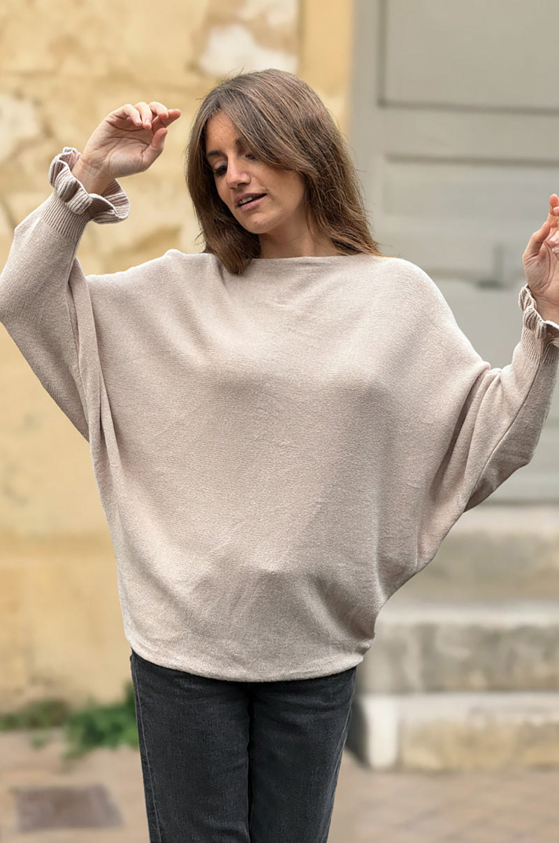 Beige Dolman Sweater with Ruffled Knit Cuffs