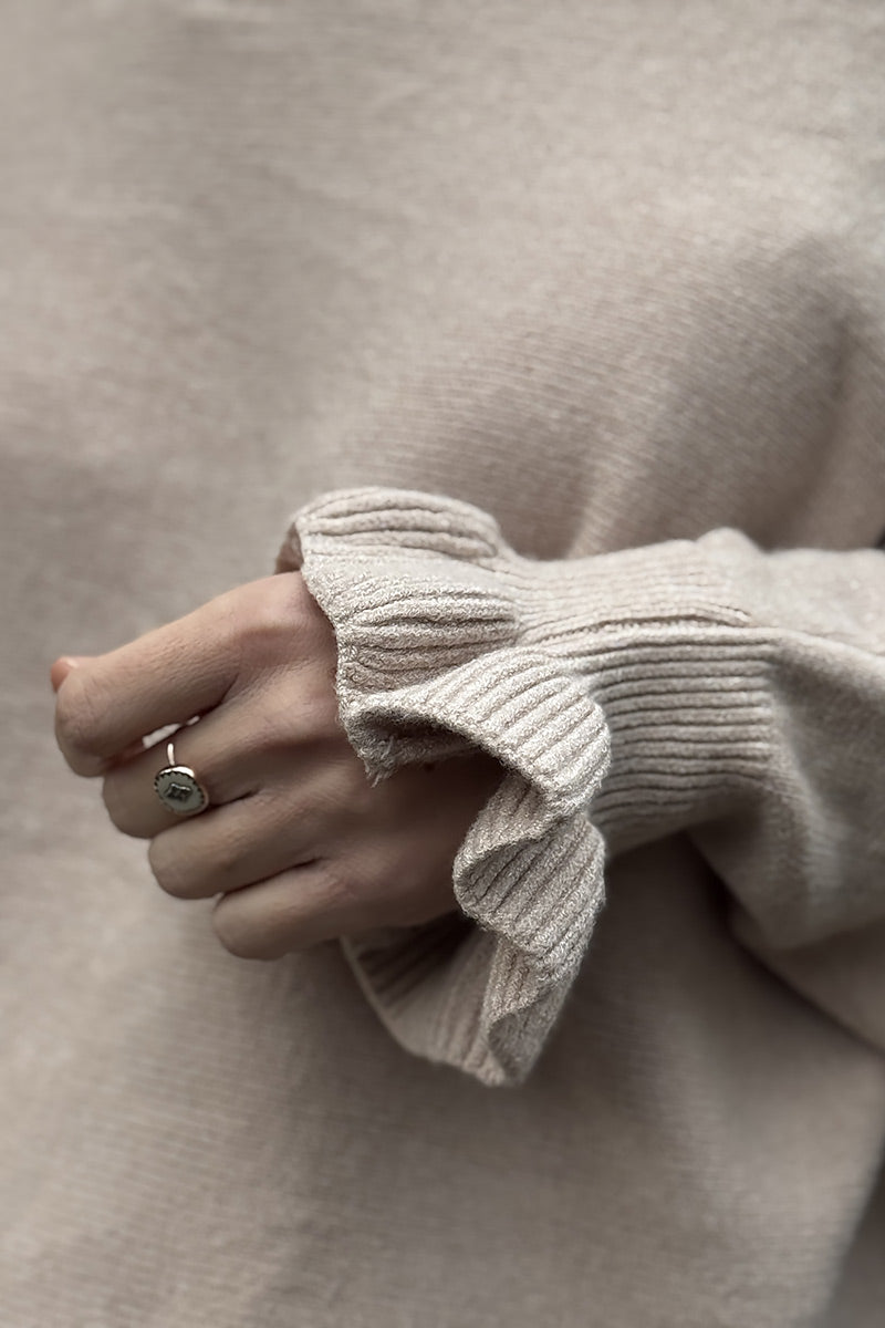 Beige Dolman Sweater with Ruffled Knit Cuffs