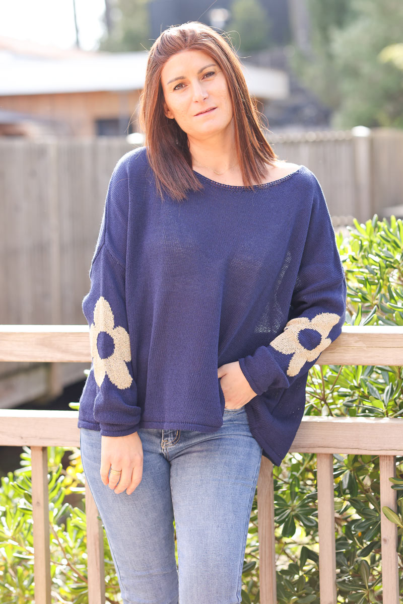 Navy blue cotton knit jumper with gold flowers on sleeves and back