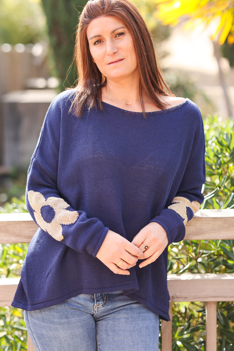 Navy blue cotton knit jumper with gold flowers on sleeves and back