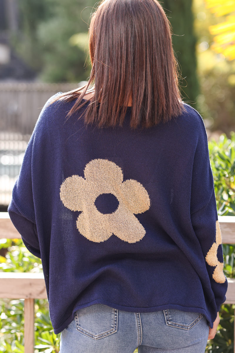 Navy blue cotton knit jumper with gold flowers on sleeves and back