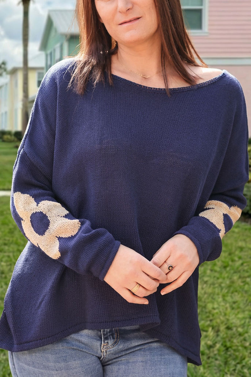 Navy blue cotton knit jumper with gold flowers on sleeves and back