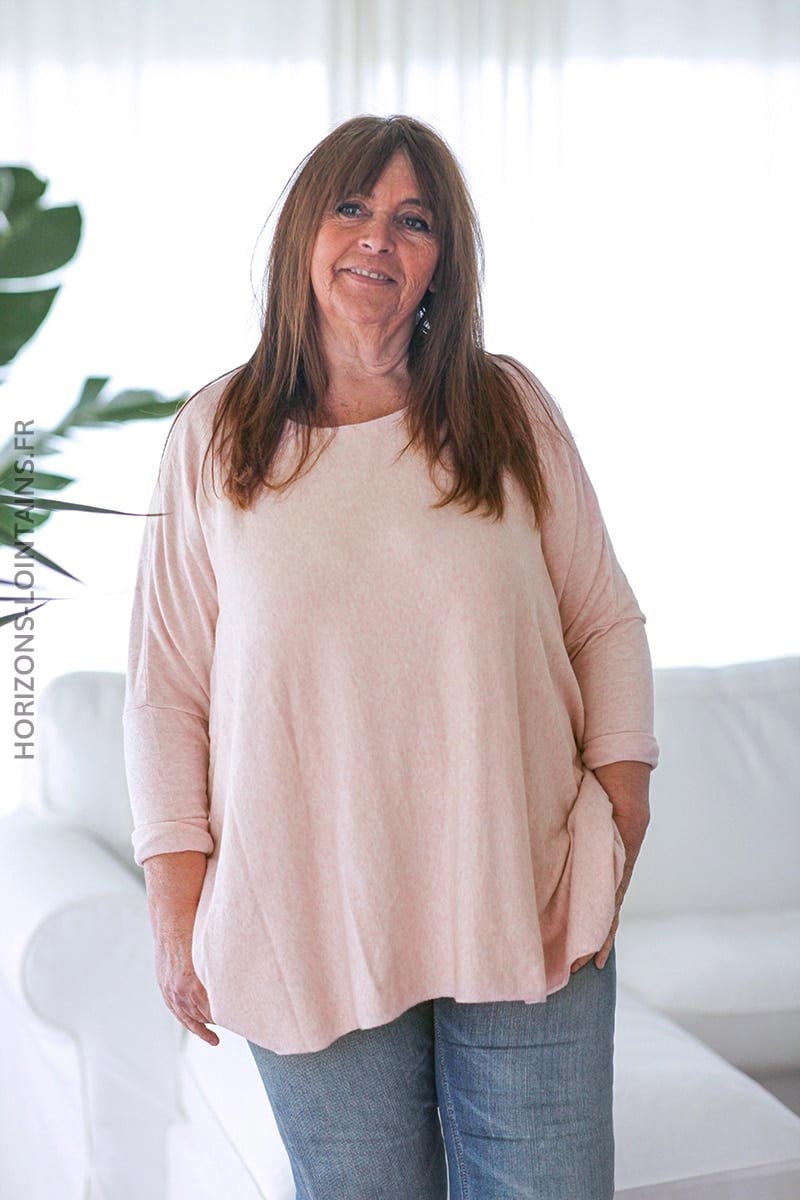 Pull large couleur rose pale manches chauve souris vêtements femme D172