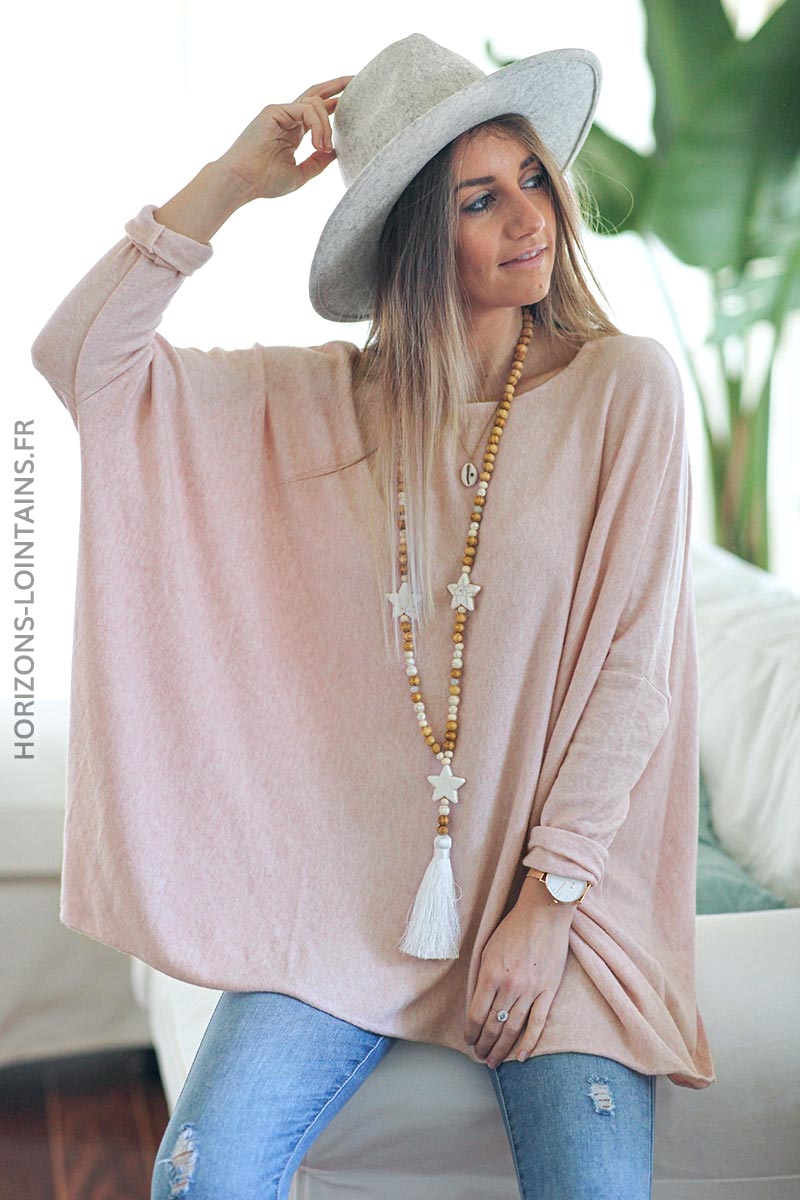 Pull large couleur rose pale manches chauve souris vêtements femme D172