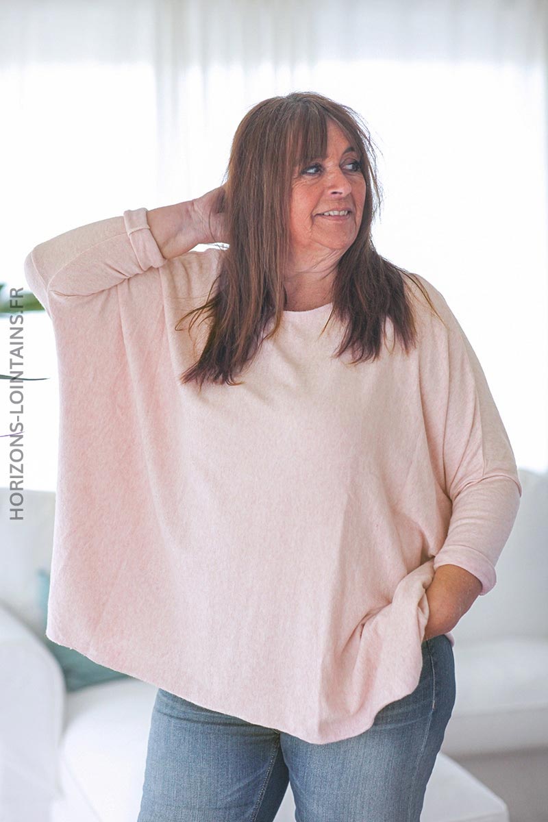 Pull large couleur rose pale manches chauve souris vêtements femme D172