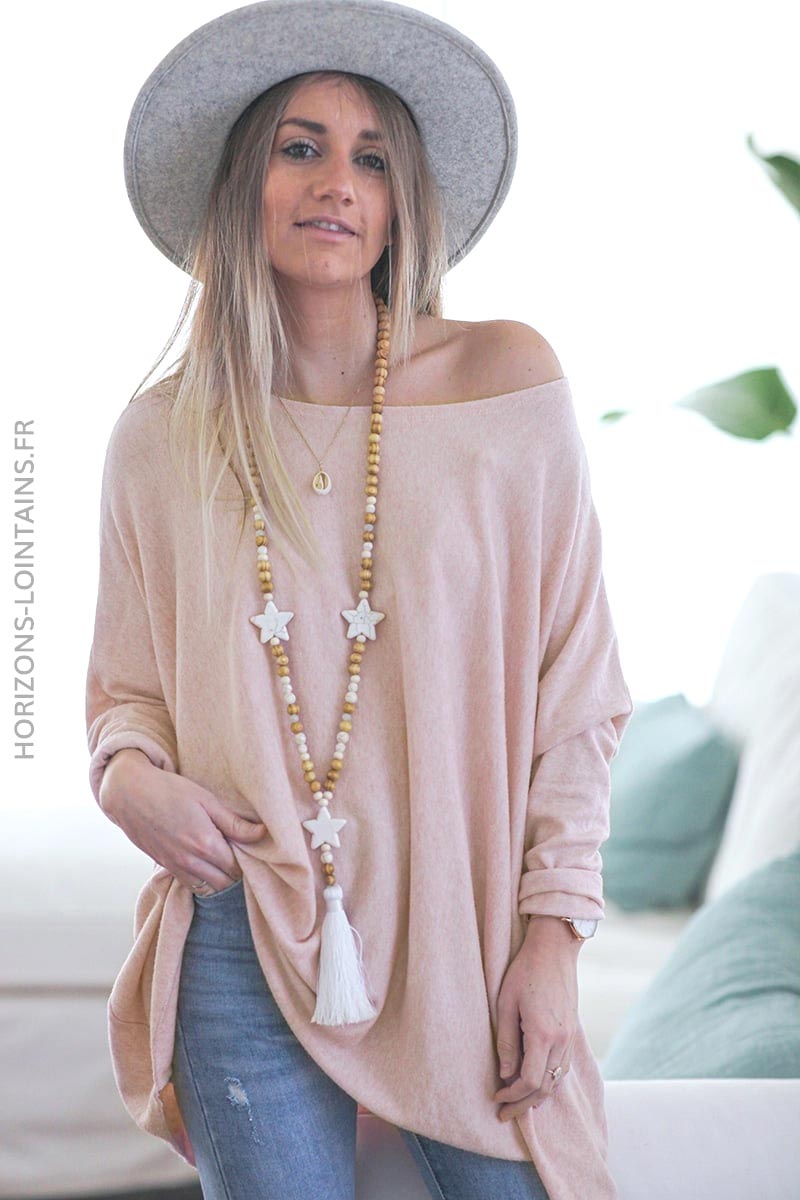 Pull large couleur rose pale manches chauve souris vêtements femme D172