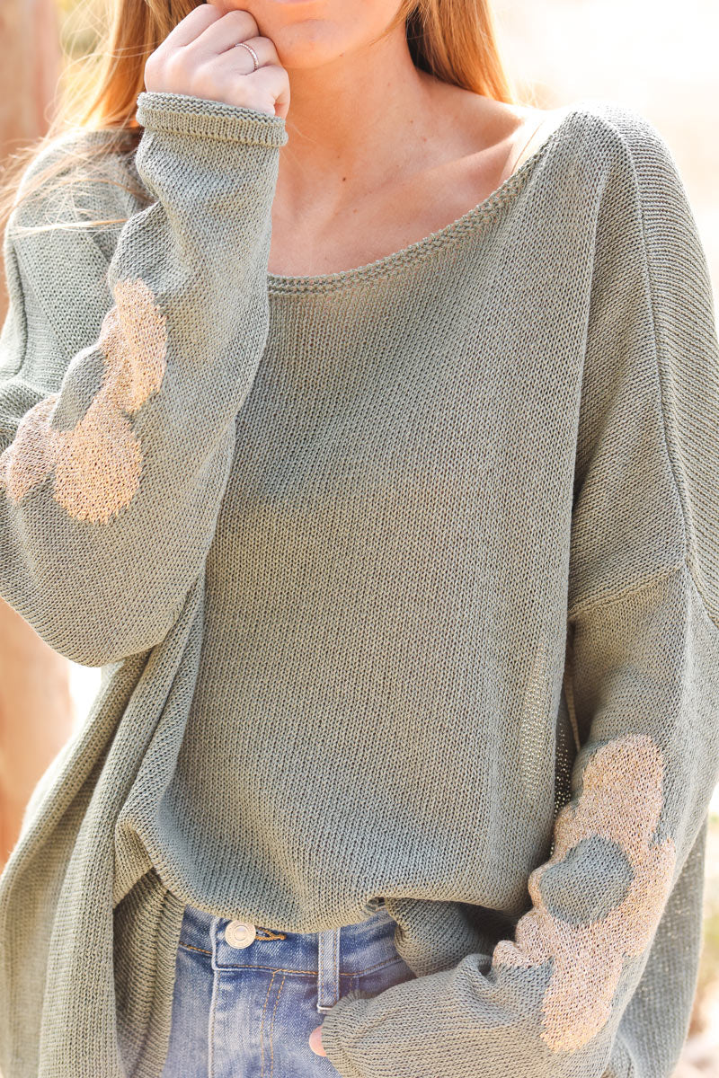 Khaki cotton knit jumper with gold flowers on sleeves and back