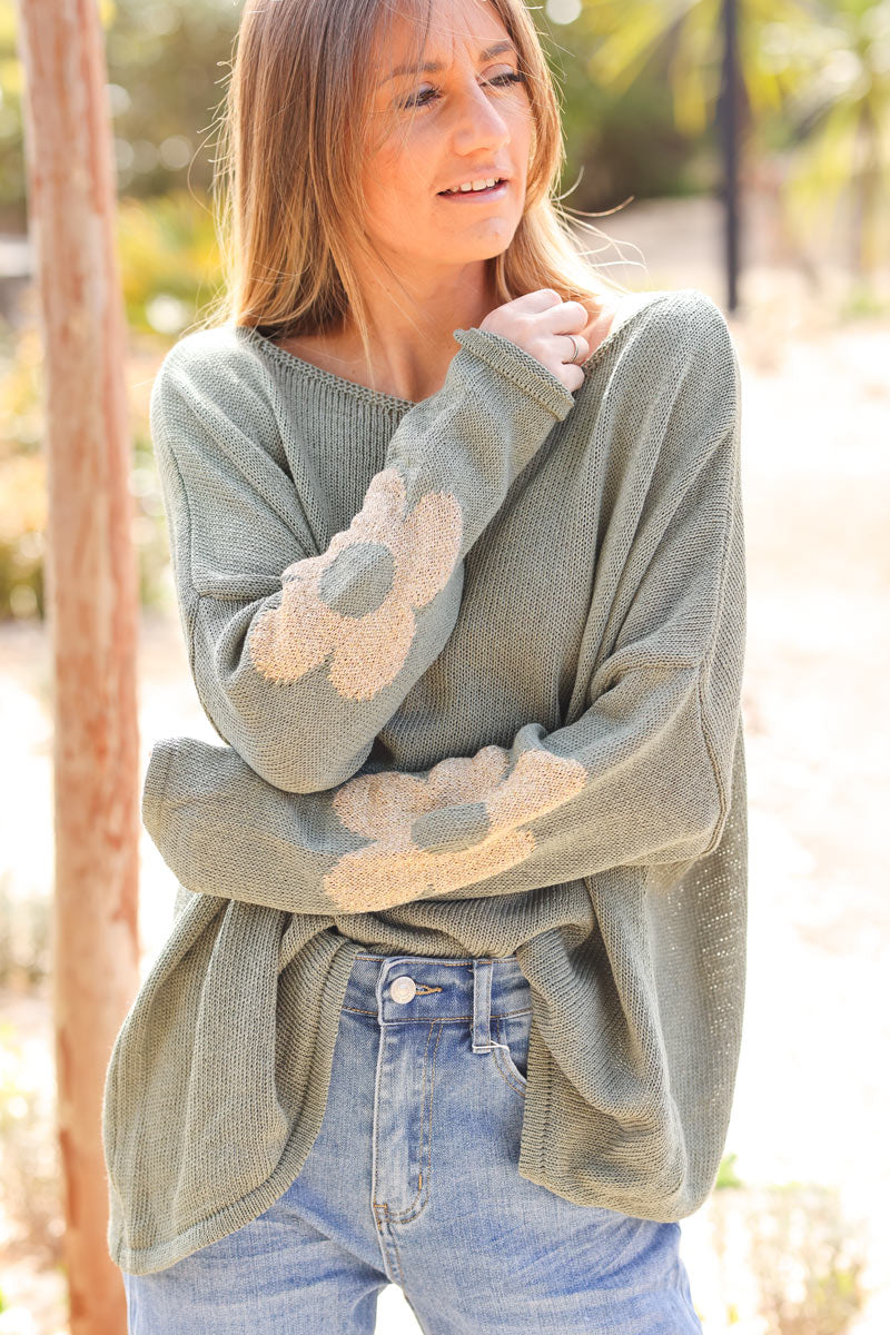 Khaki cotton knit jumper with gold flowers on sleeves and back