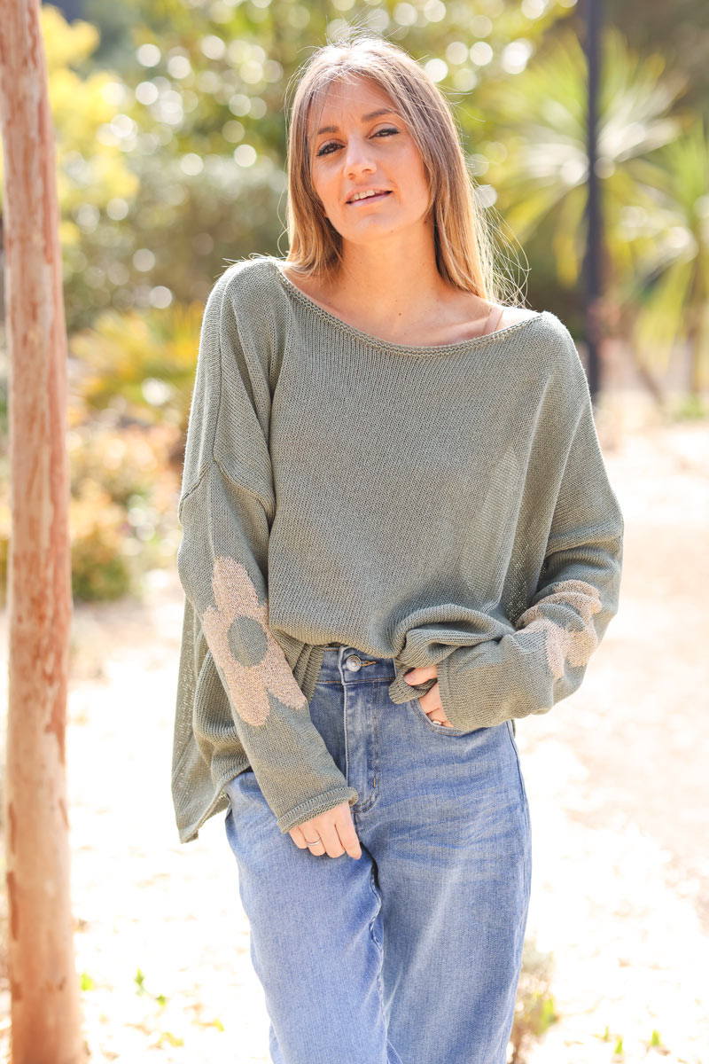 Khaki cotton knit jumper with gold flowers on sleeves and back