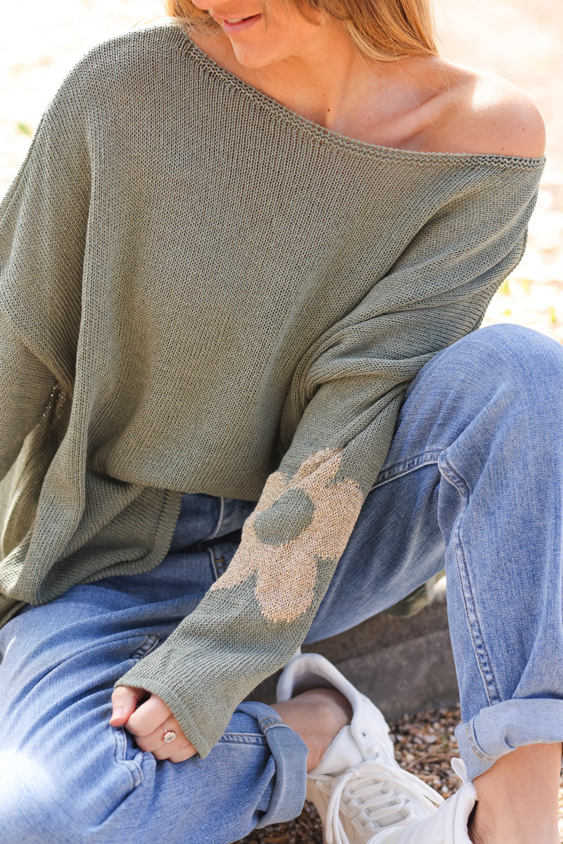 Khaki cotton knit jumper with gold flowers on sleeves and back