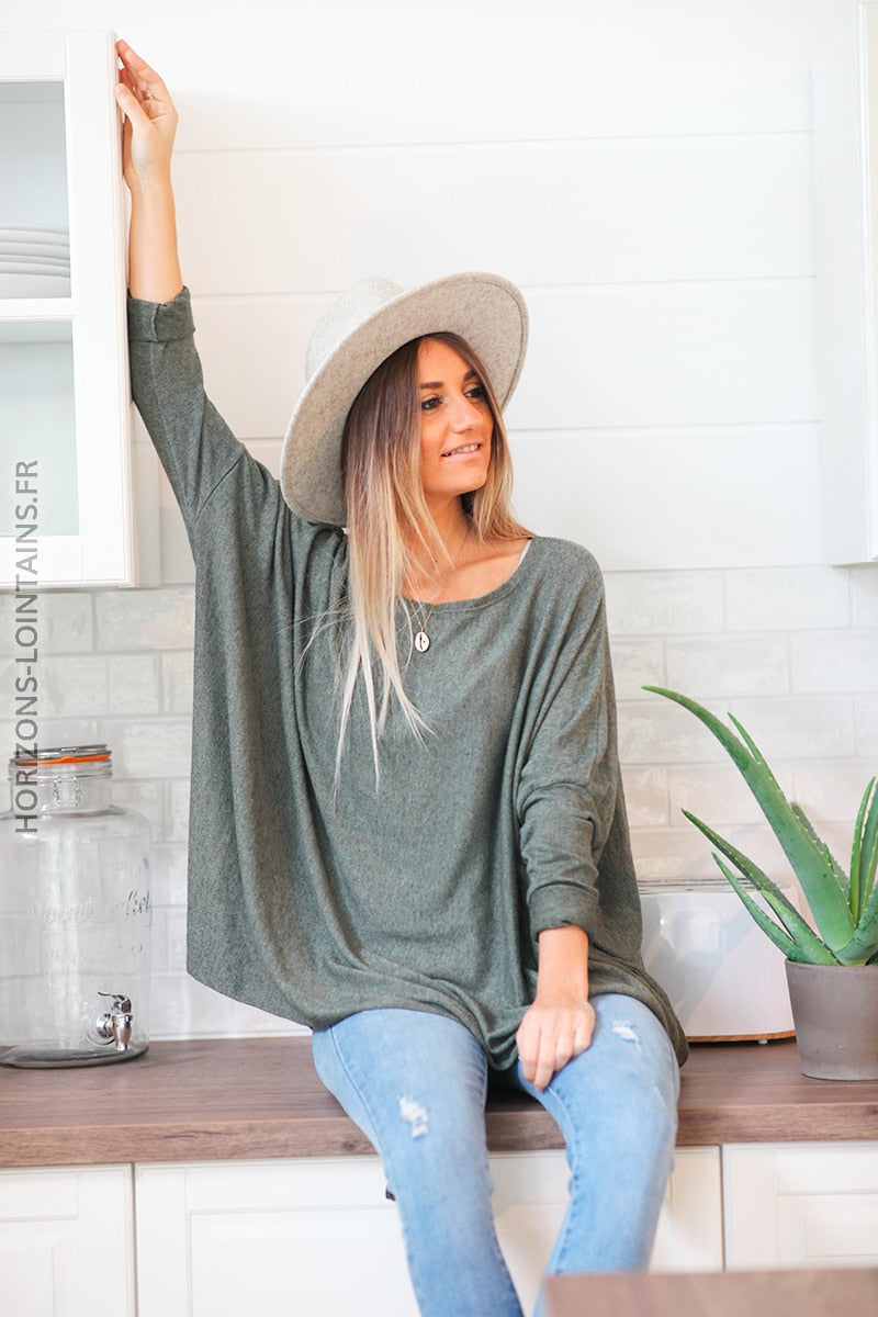 Pull large kaki manches chauve souris D172 (7)