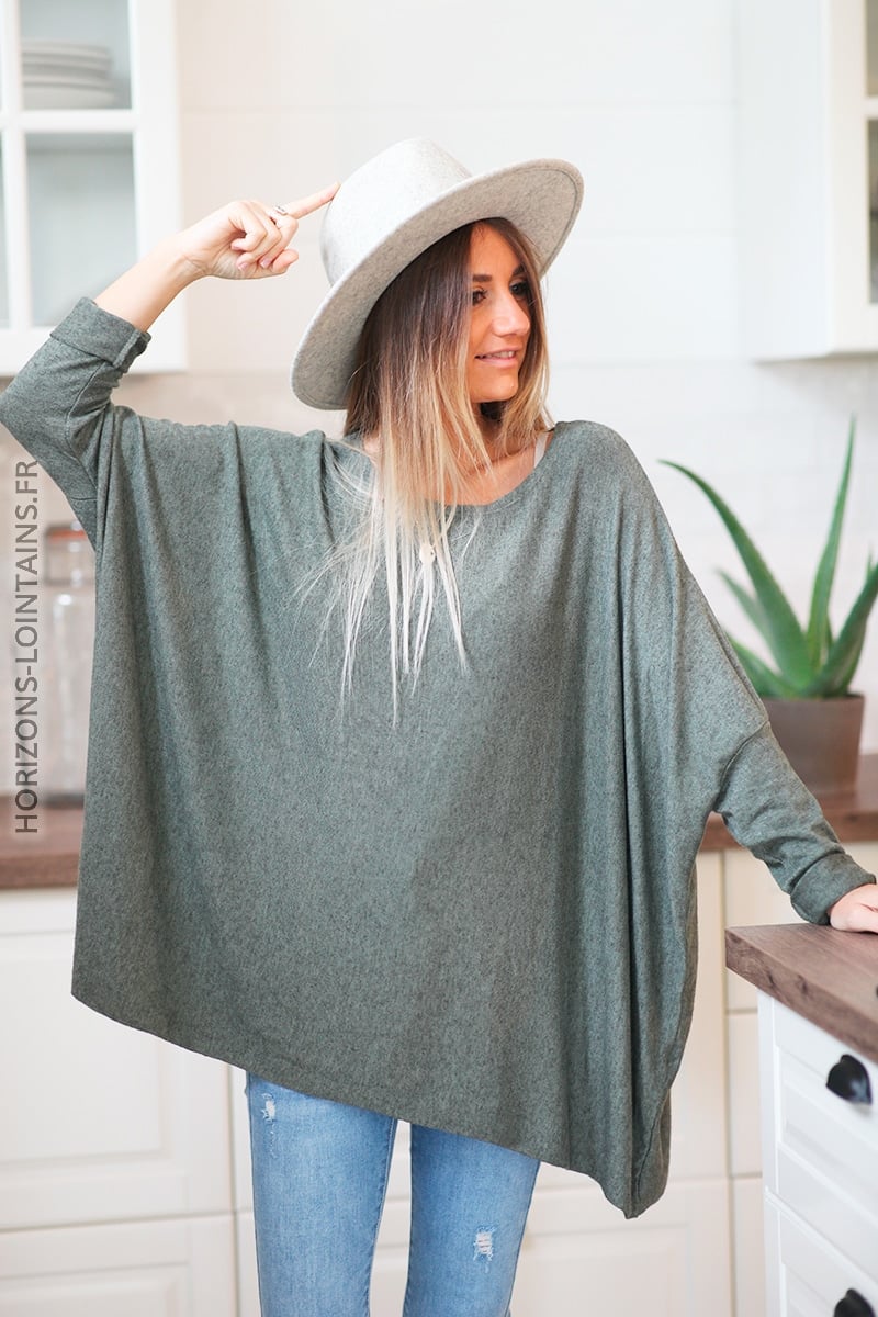 Pull large kaki manches chauve souris D172 (7)