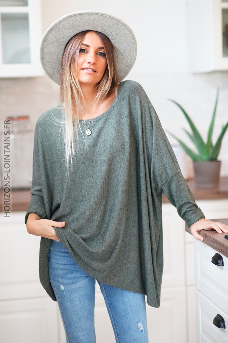 Pull large kaki manches chauve souris D172 (7)