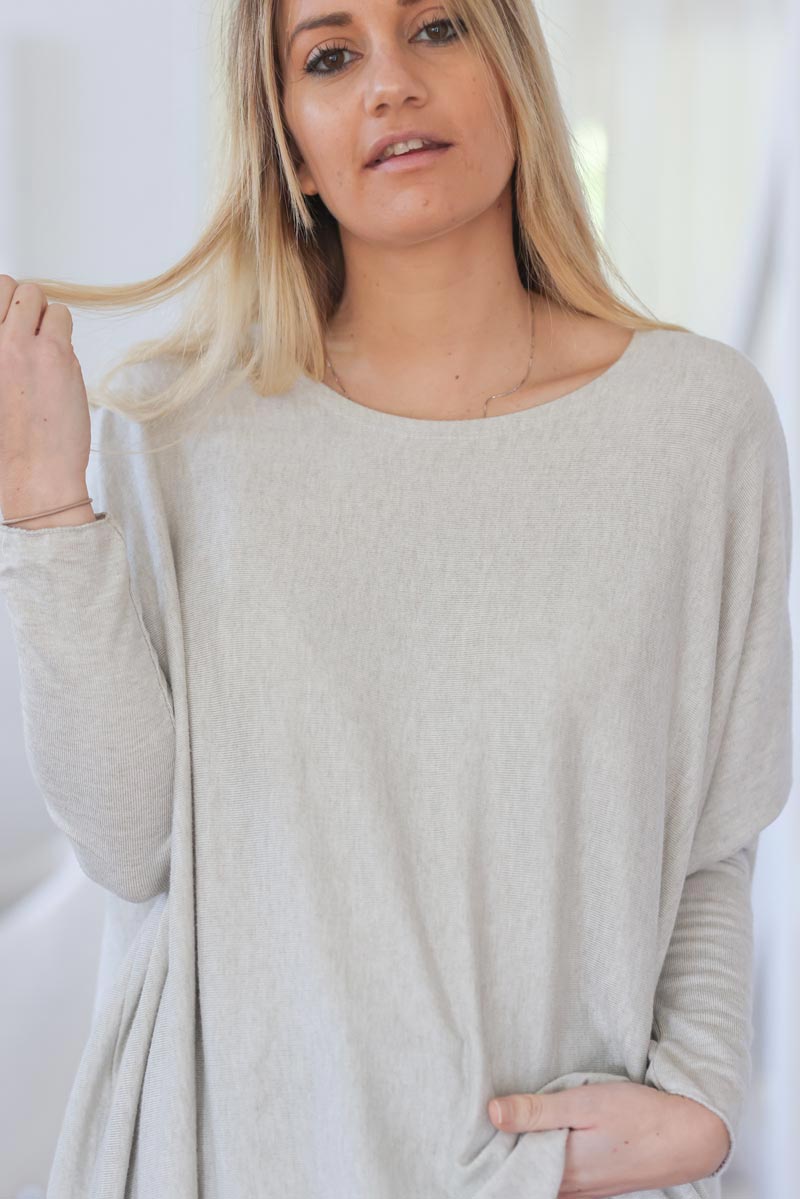 Pull large oversize tout doux col rond manches chauve souris d172 beige (1)