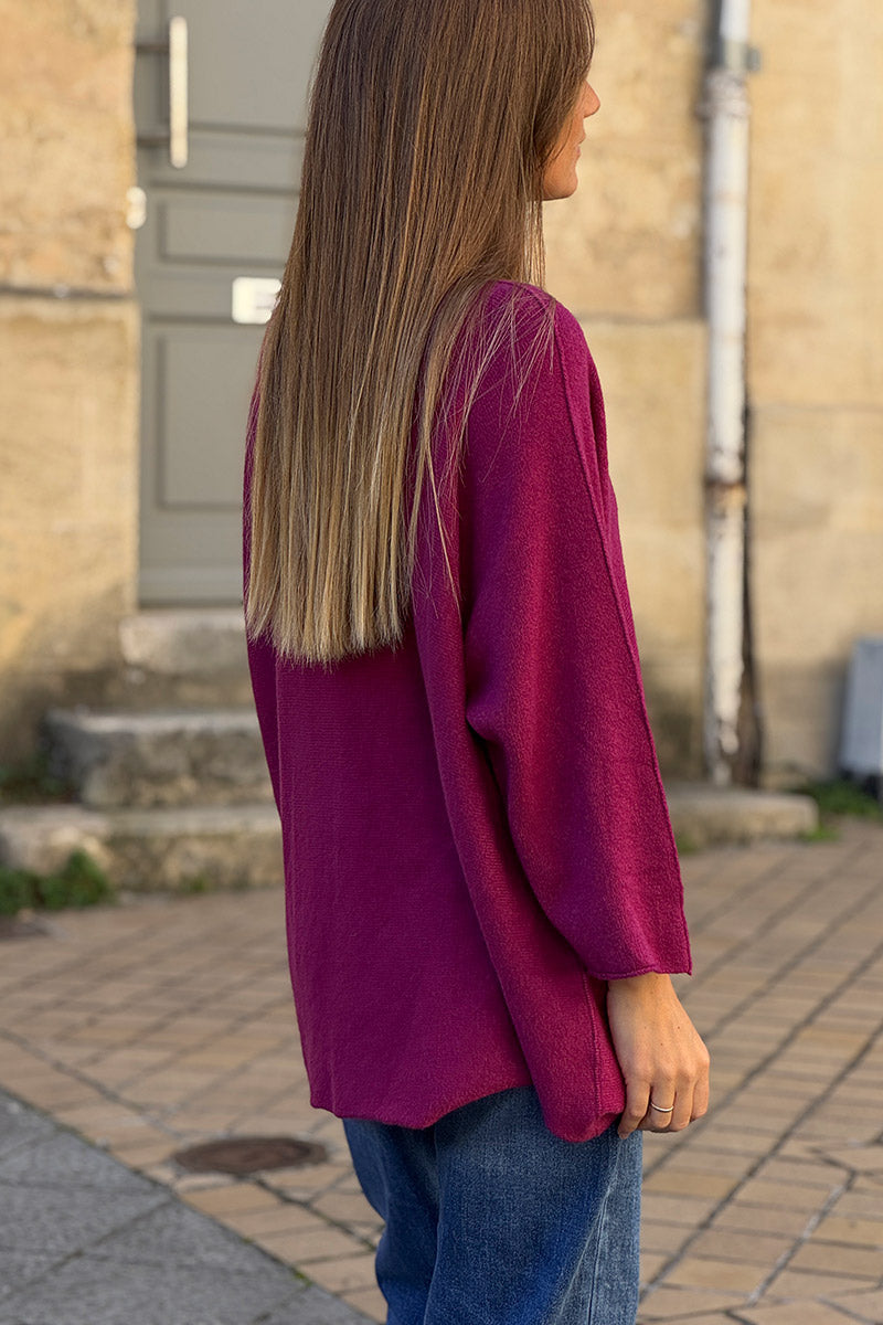 Pull large tout doux aubergine manches chauve-souris étoile strass