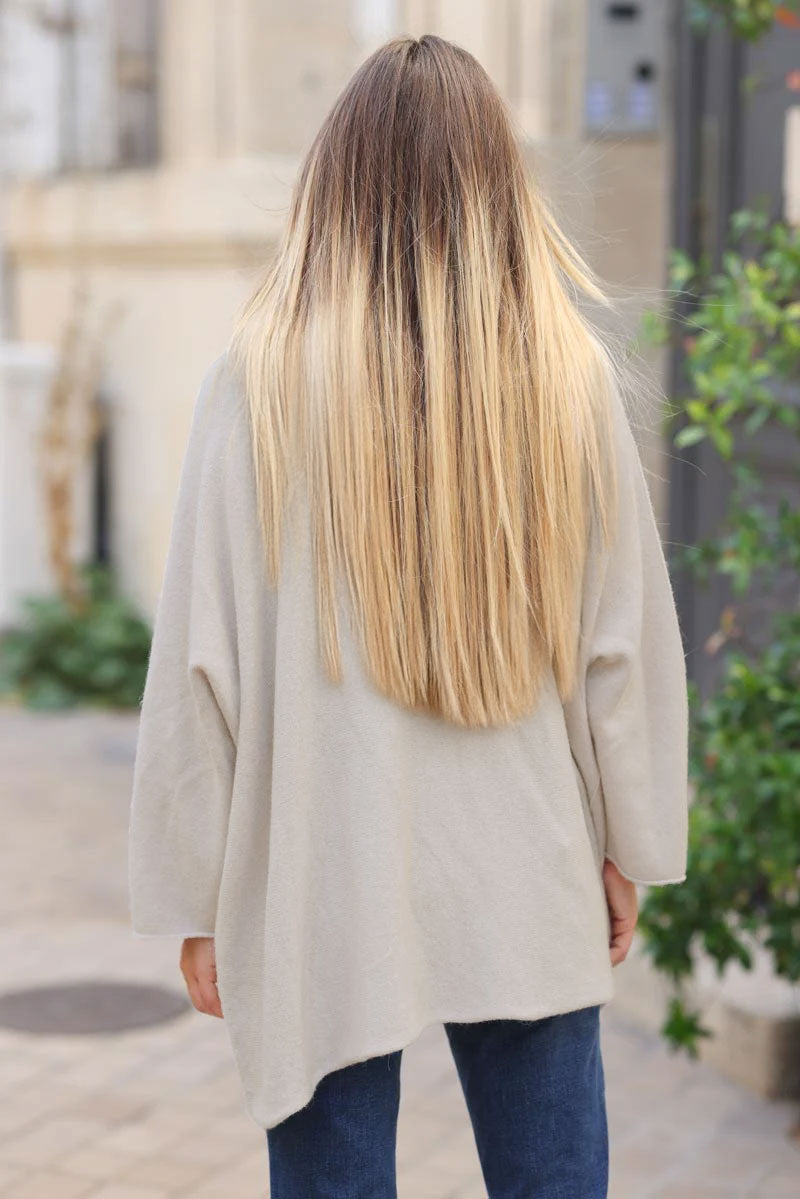 Pull large tout doux beige manches chauve-souris étoile strass