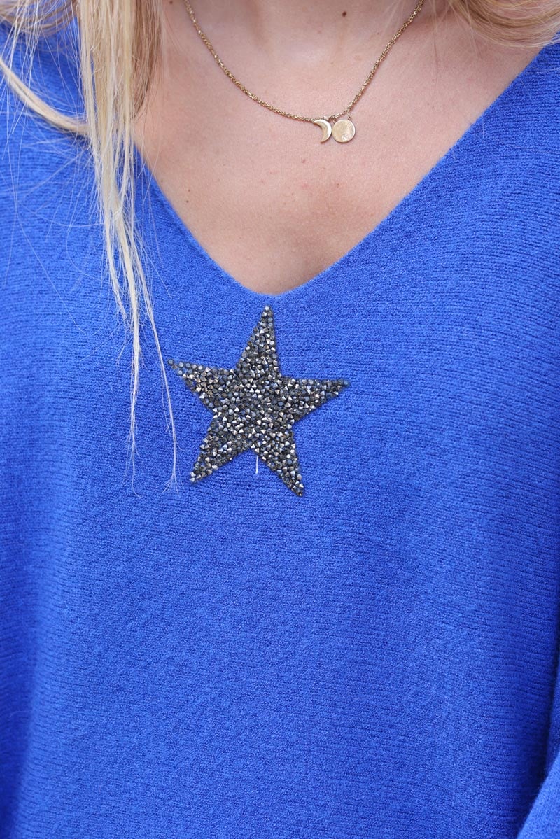 Pull large tout doux bleu roi manches chauve-souris etoile strass g351 (1)