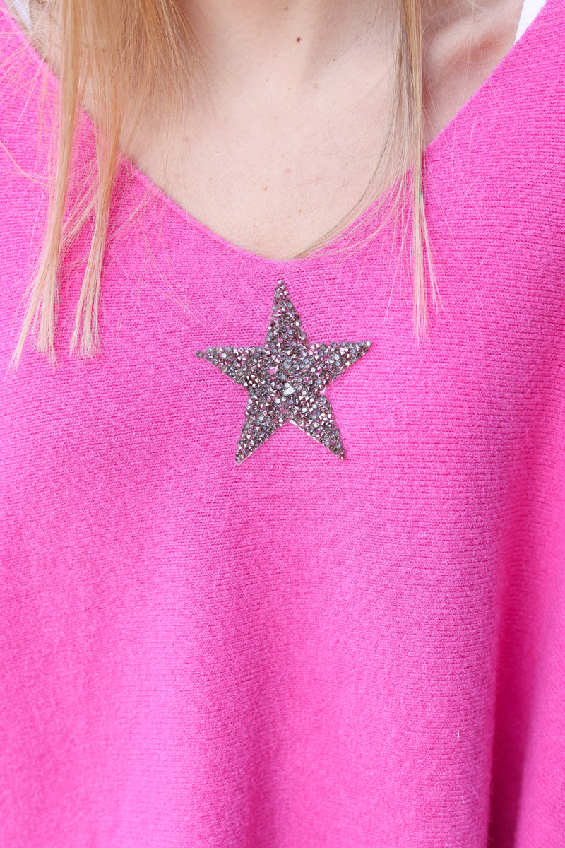 Pink Oversized Super Soft Sweater with Silver Rhinestone Star