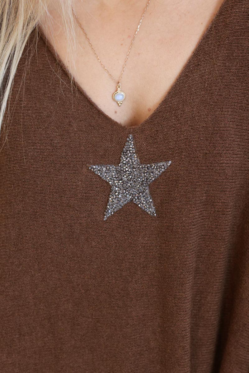 Brown chocolate Oversized super soft Jumper with Silver Rhinestone Star