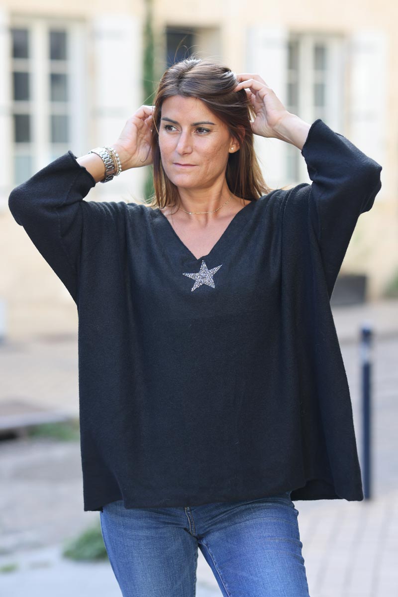 Pull large tout doux noir manches chauve-souris etoile strass G351 (1)