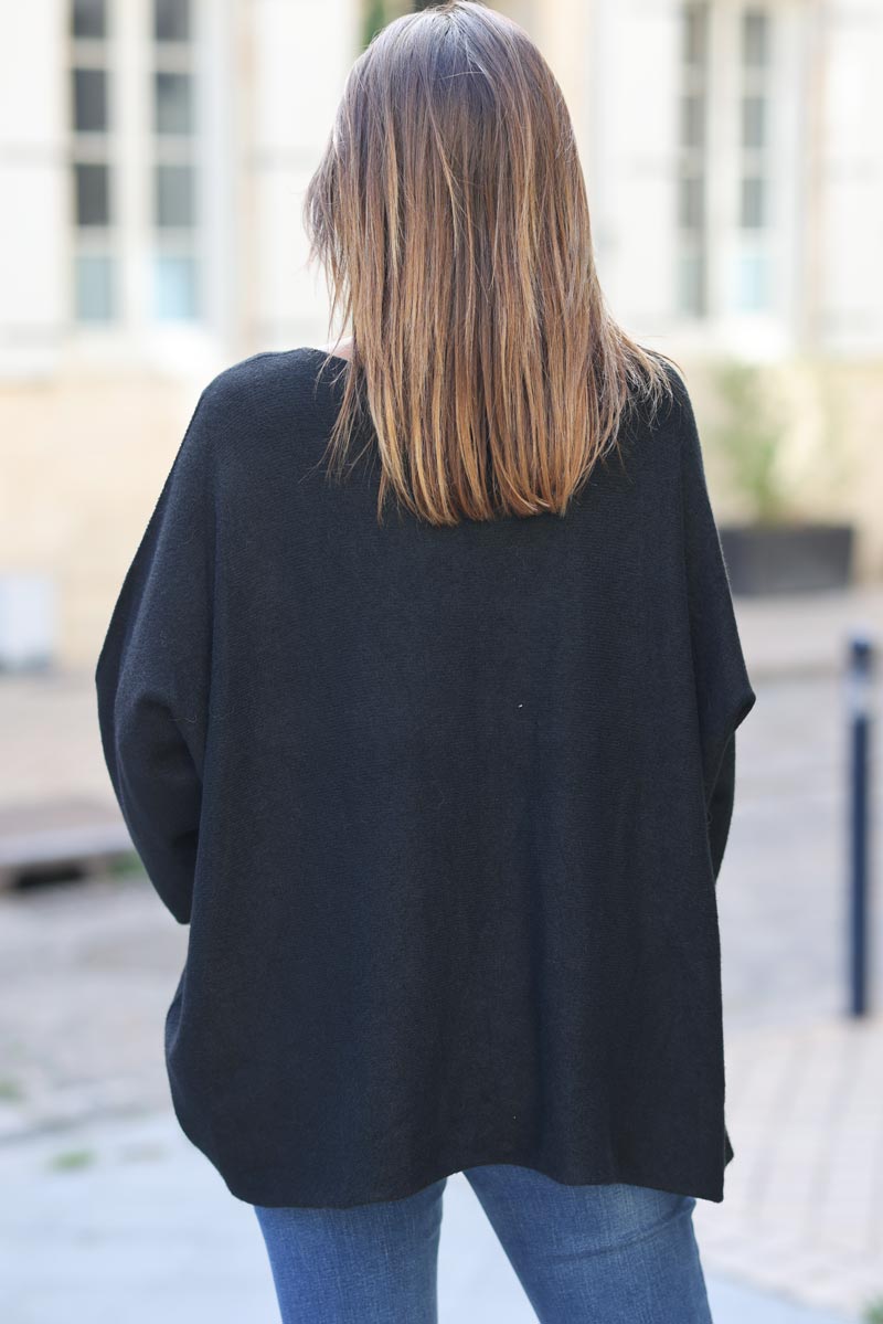 Pull large tout doux noir manches chauve-souris etoile strass G351 (1)