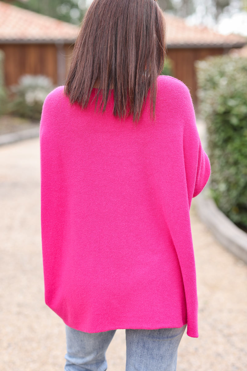 Pull large tout doux fuchsia manches chauve-souris étoile strass