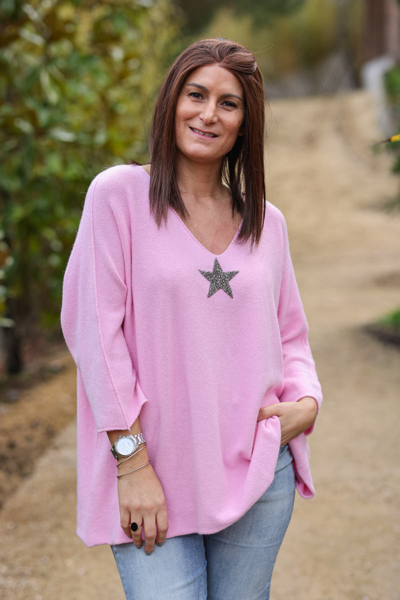 Pull large tout doux rose pastel manches chauve-souris étoile strass