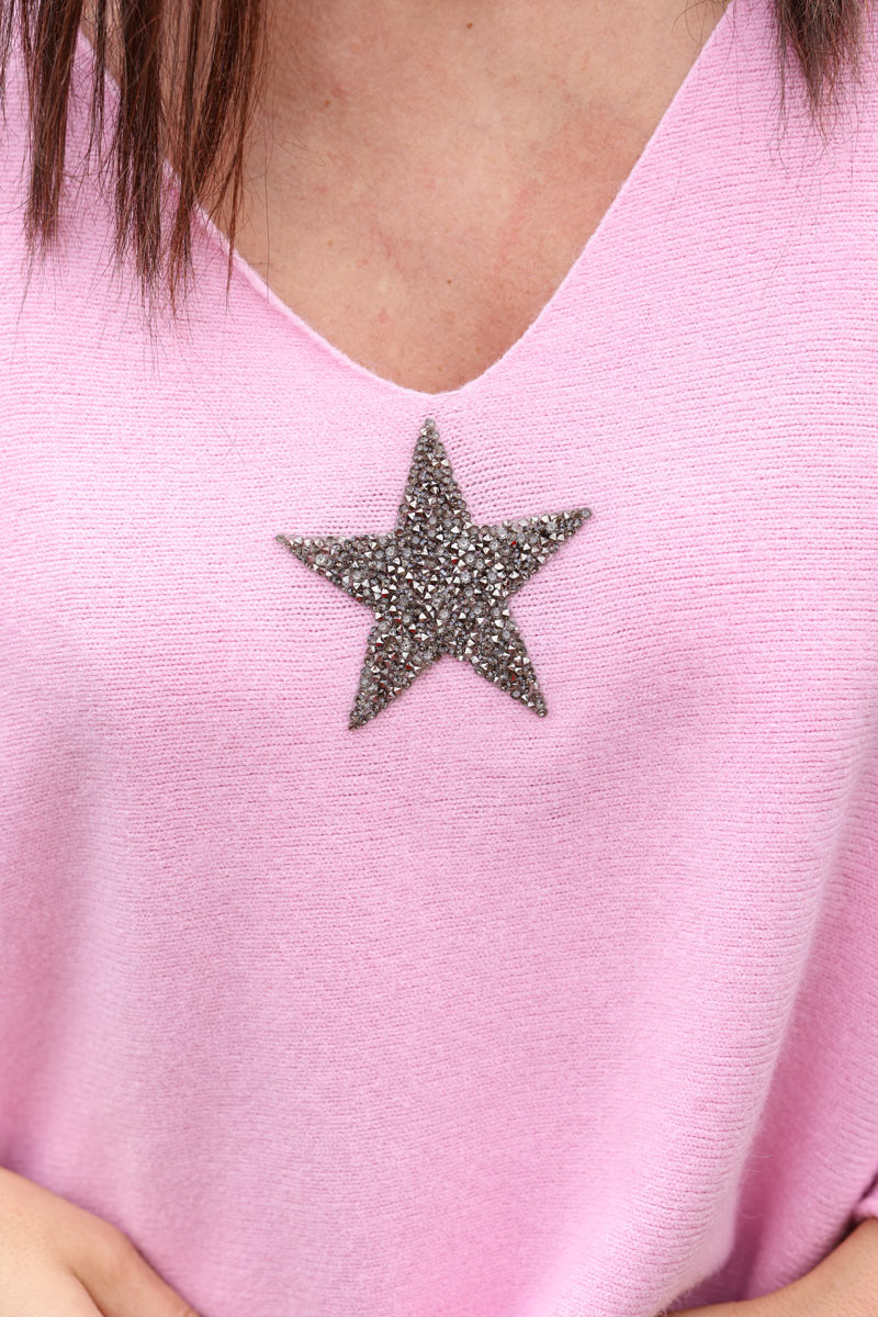 Jersey ancho muy suave rosa pastel con mangas murciélago de estrellas de strass