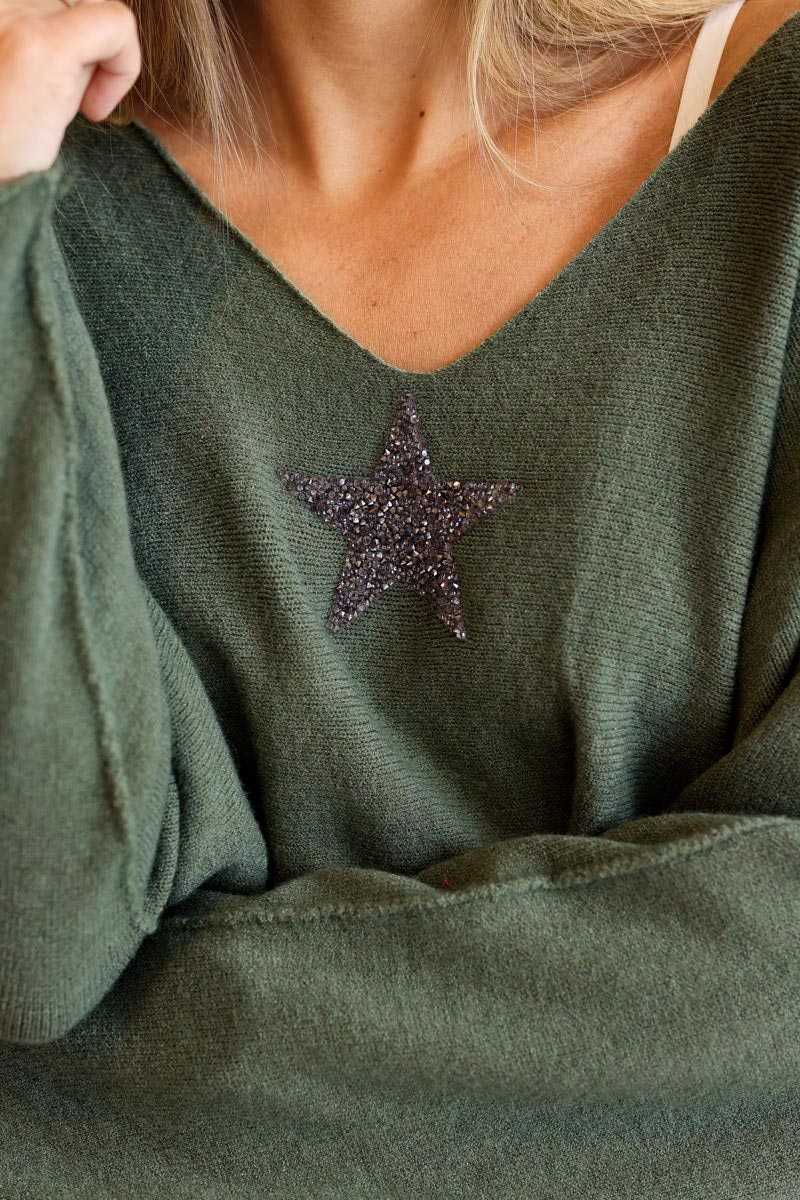 Olive Oversized Super Soft Sweater with Silver Rhinestone Star