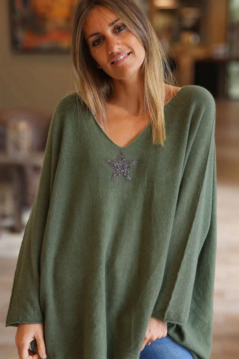 Olive Oversized Super Soft Sweater with Silver Rhinestone Star