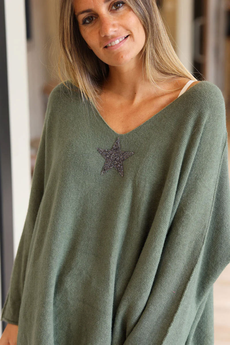 Olive Oversized Super Soft Sweater with Silver Rhinestone Star