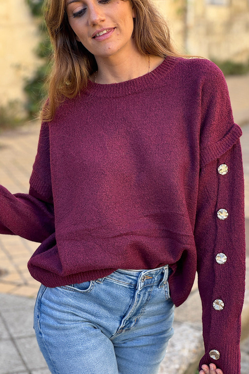 Burgundy Wool Blend Button-Sleeve Sweater