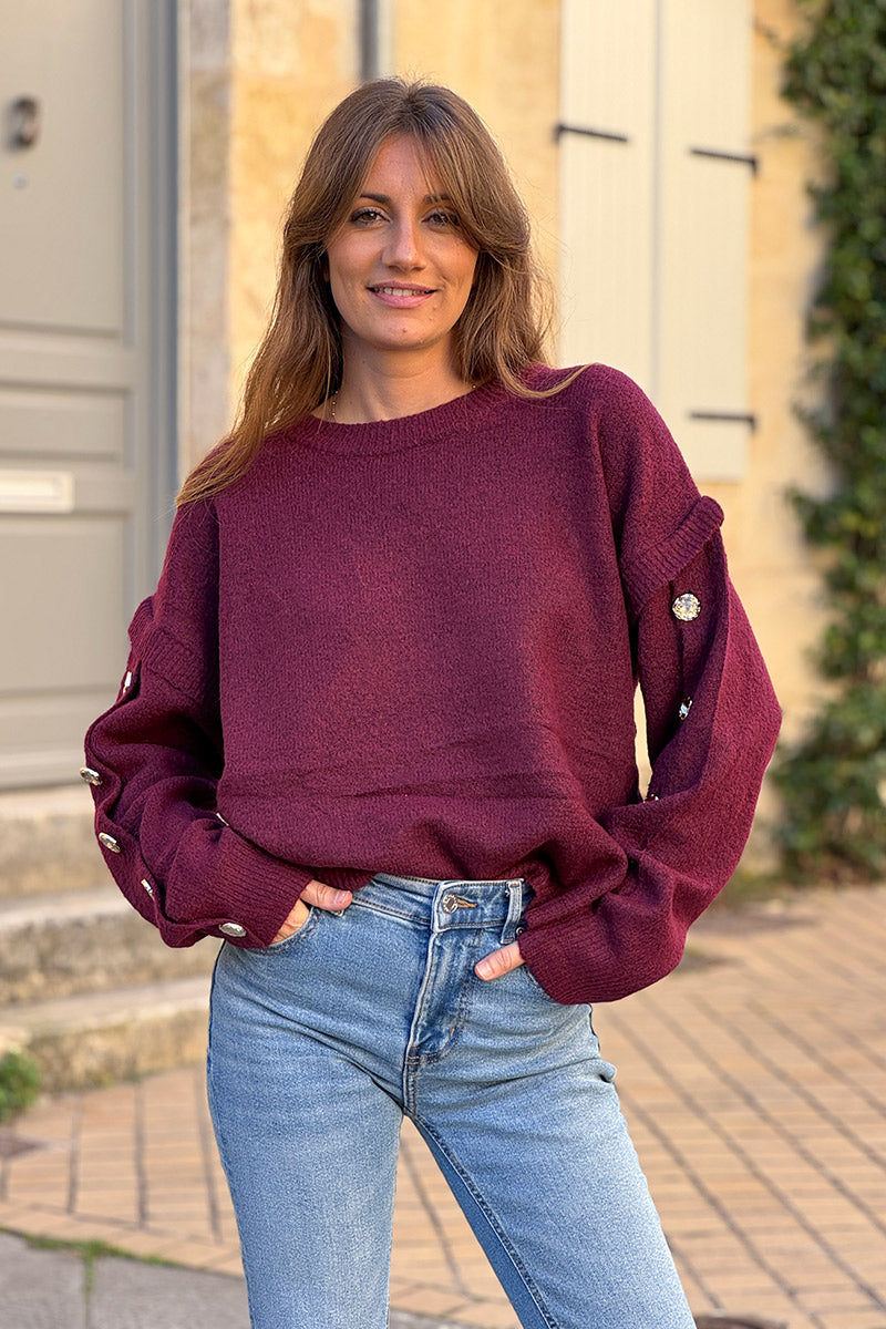 Burgundy Wool Blend Button-Sleeve Sweater