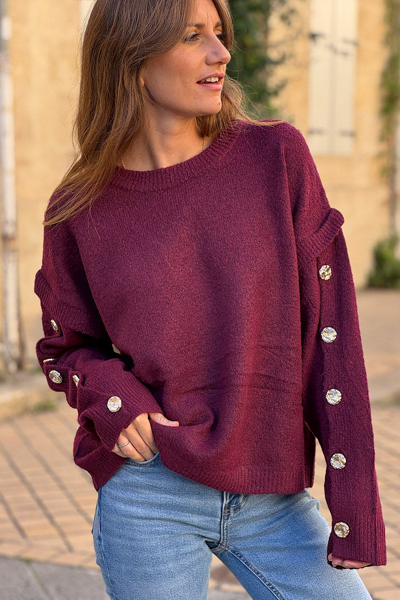 Burgundy Wool Blend Button-Sleeve Sweater