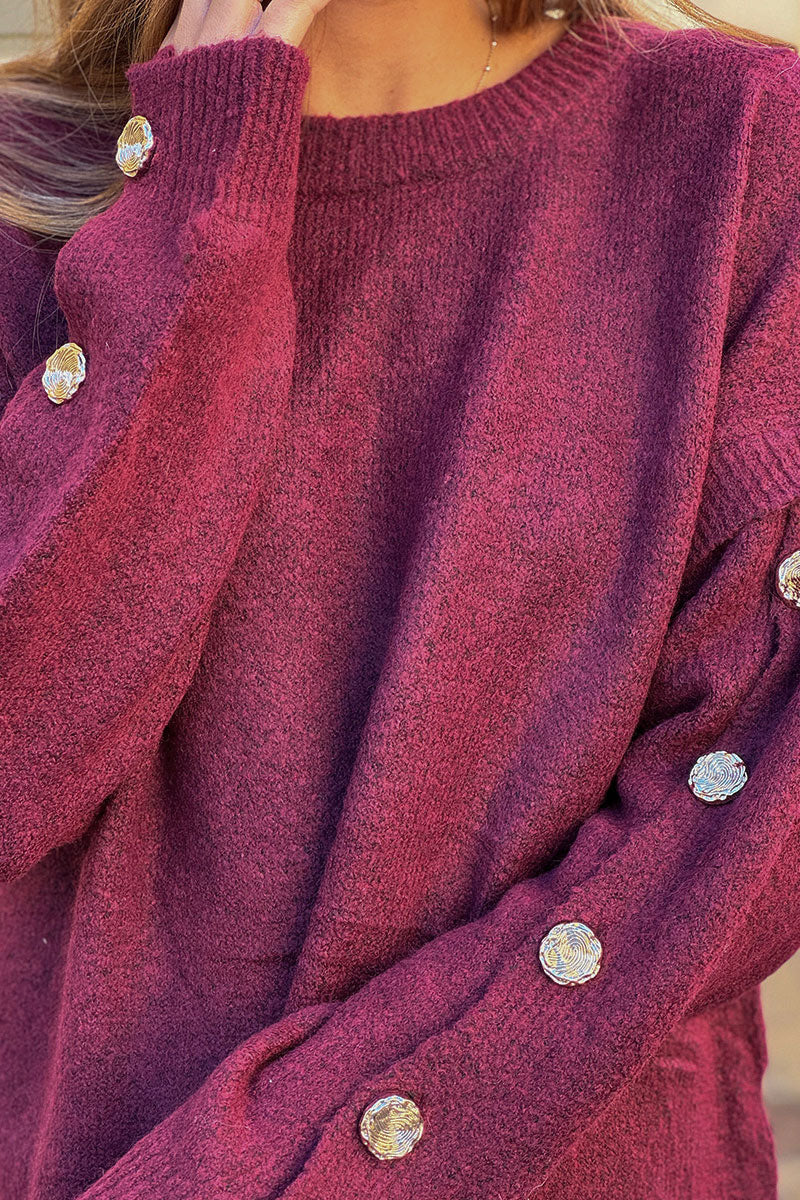 Burgundy Wool Blend Button-Sleeve Sweater