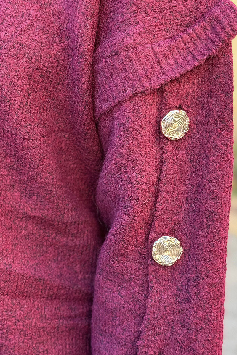 Burgundy Wool Blend Button-Sleeve Sweater