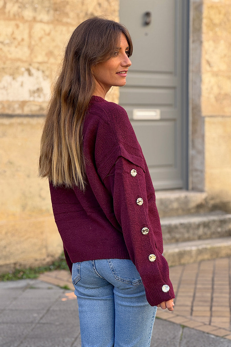 Burgundy Wool Blend Button-Sleeve Sweater