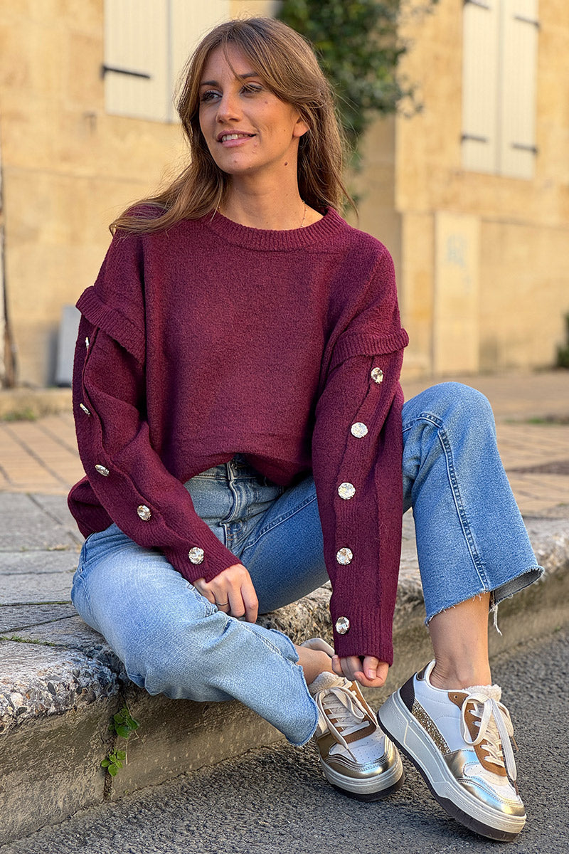 Burgundy Wool Blend Button-Sleeve Sweater