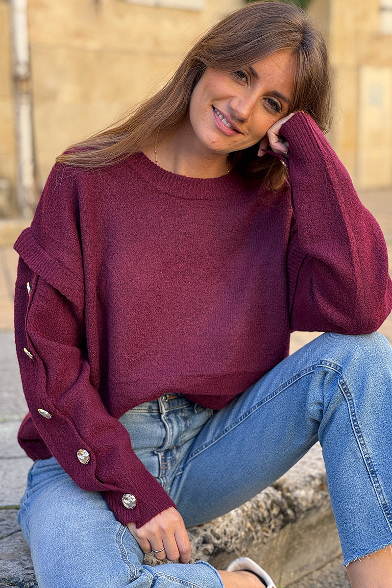 Burgundy Wool Blend Button-Sleeve Sweater