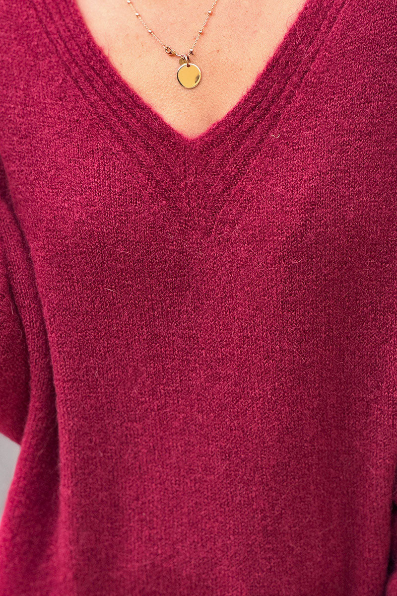 Pull lie de vin en maille alpaga tout doux détail col v
