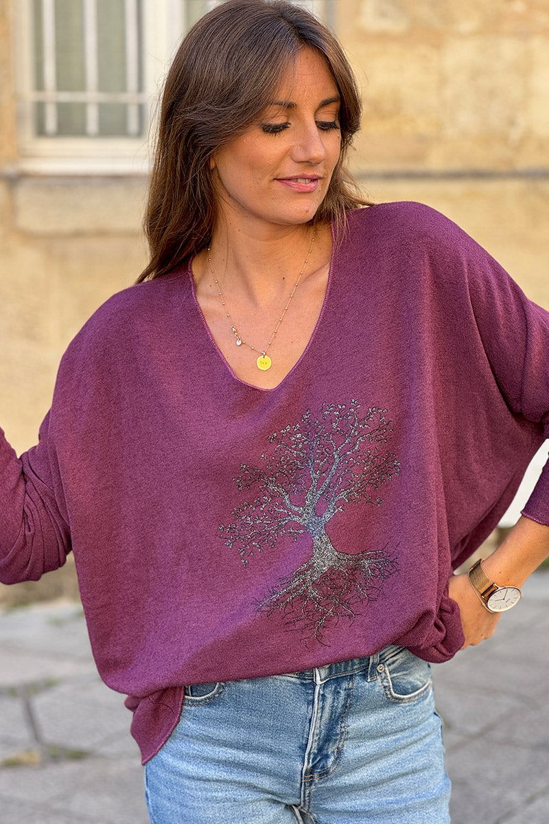 Pull lie de vin en jersey avec motif arbre de vie brillant