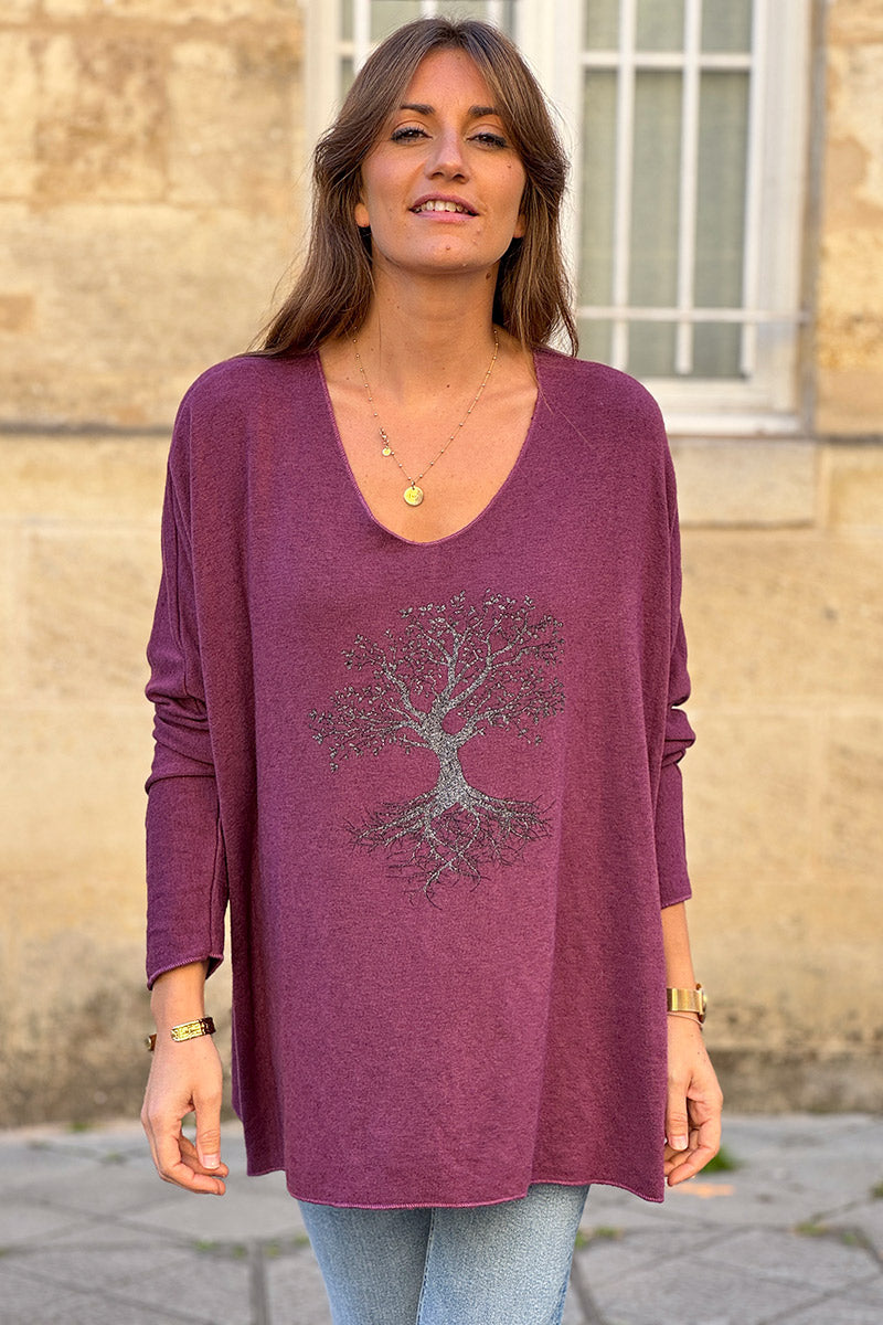 Pull lie de vin en jersey avec motif arbre de vie brillant