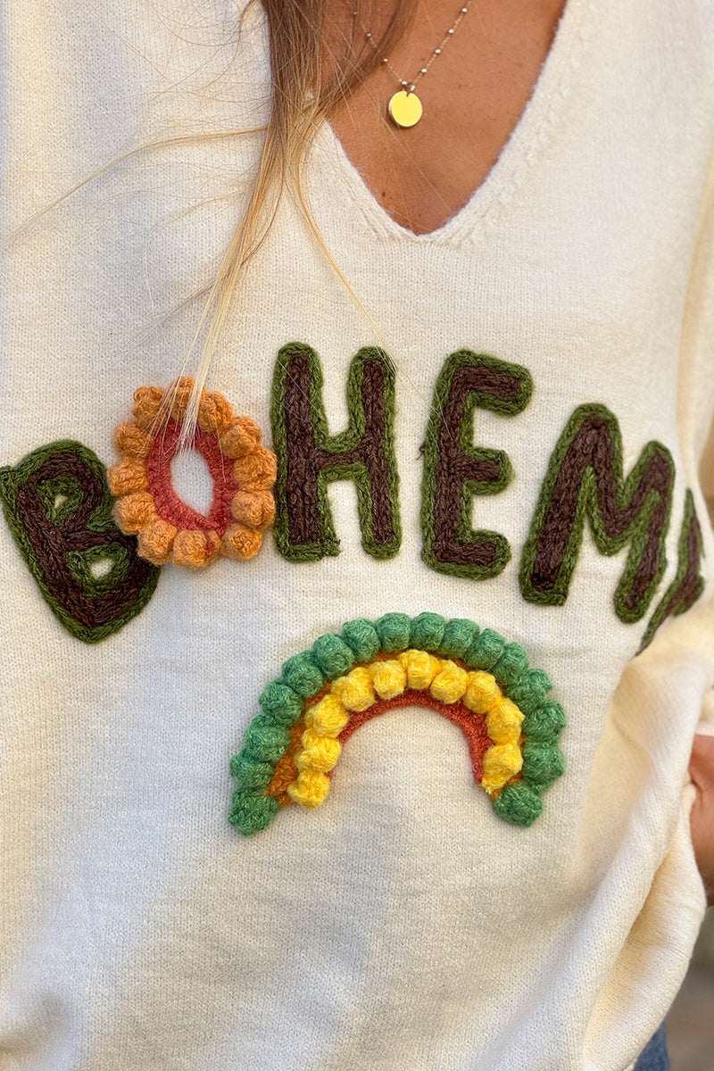 Cream BOHEME Yarn Art V-Neck Sweater