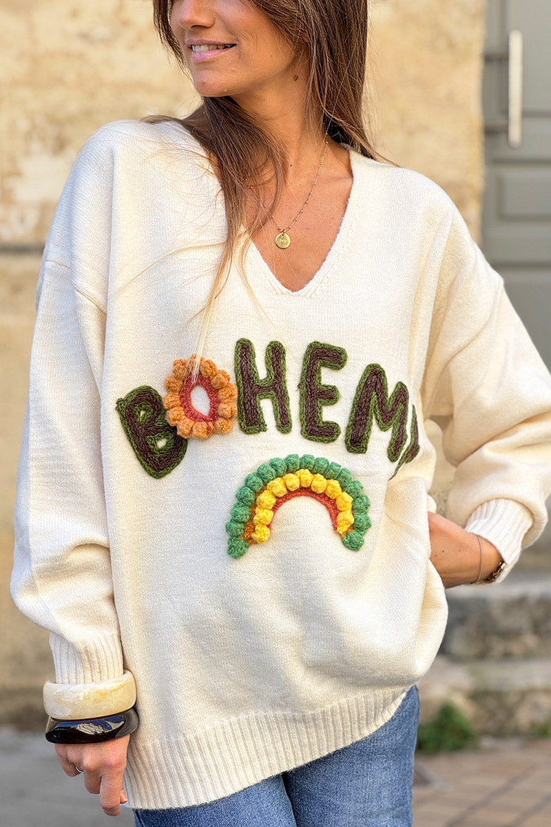 Cream BOHEME Yarn Art V-Neck Sweater
