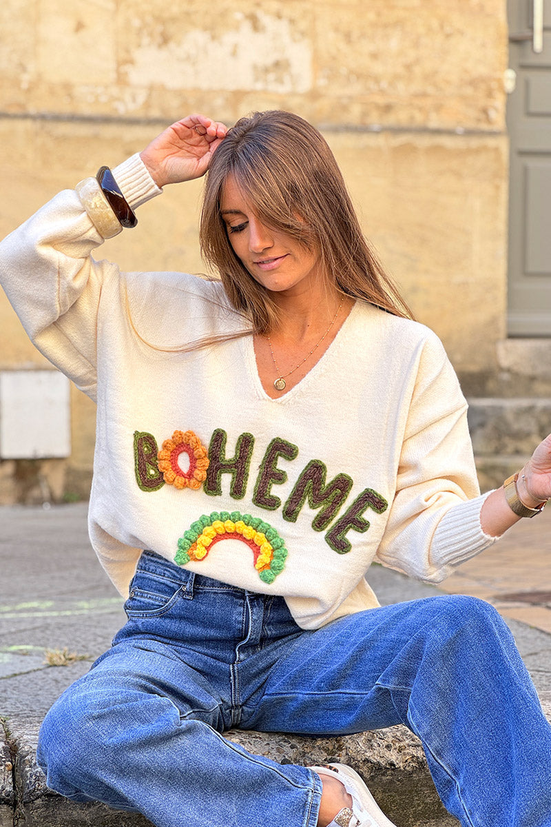 Cream BOHEME Yarn Art V-Neck Sweater