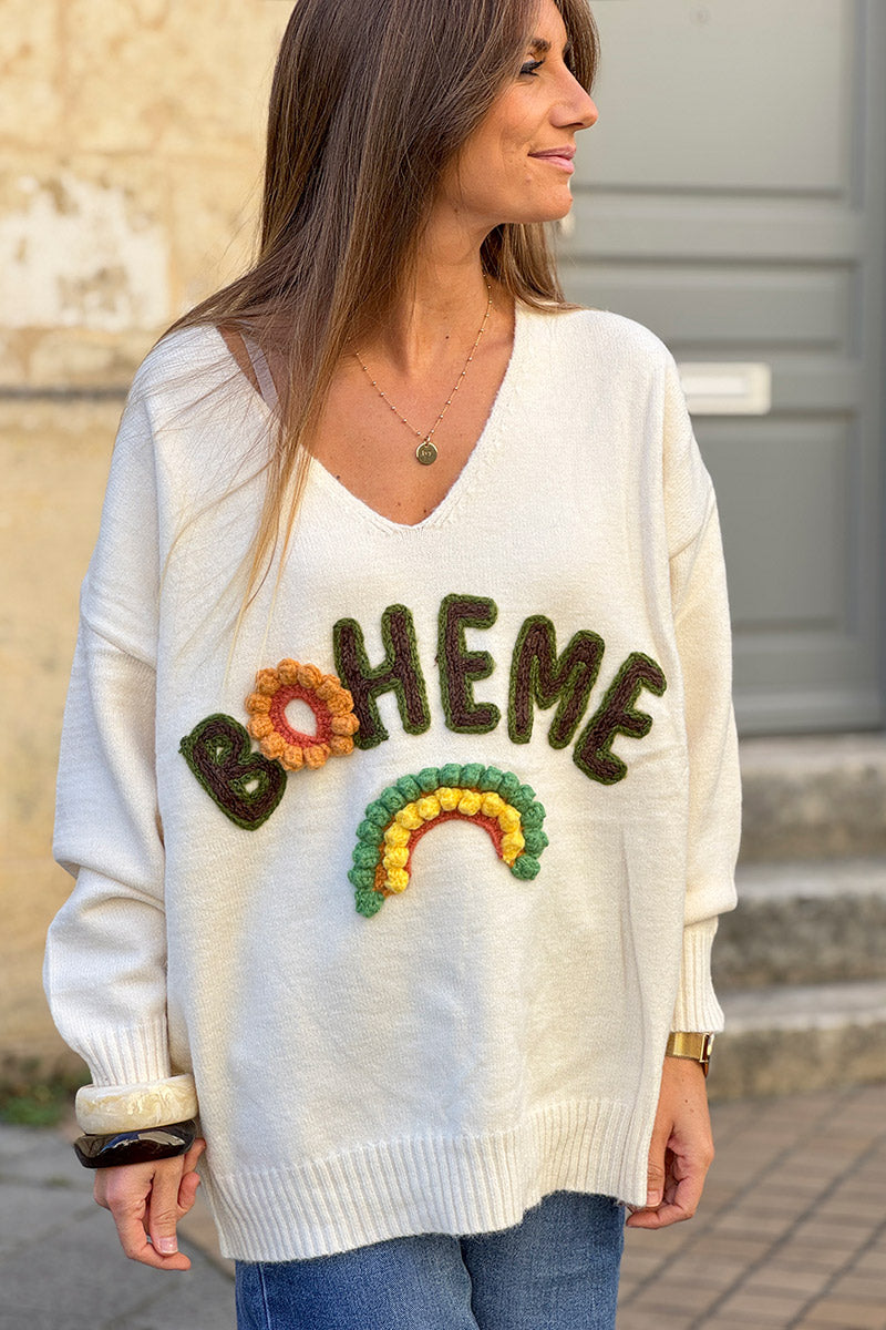 Cream BOHEME Yarn Art V-Neck Sweater