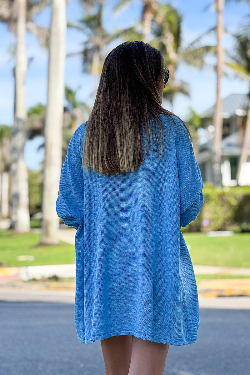 Jersey holgado azul cielo de punto mezcla de algodón con bordado de palmeras en rizo y lentejuelas