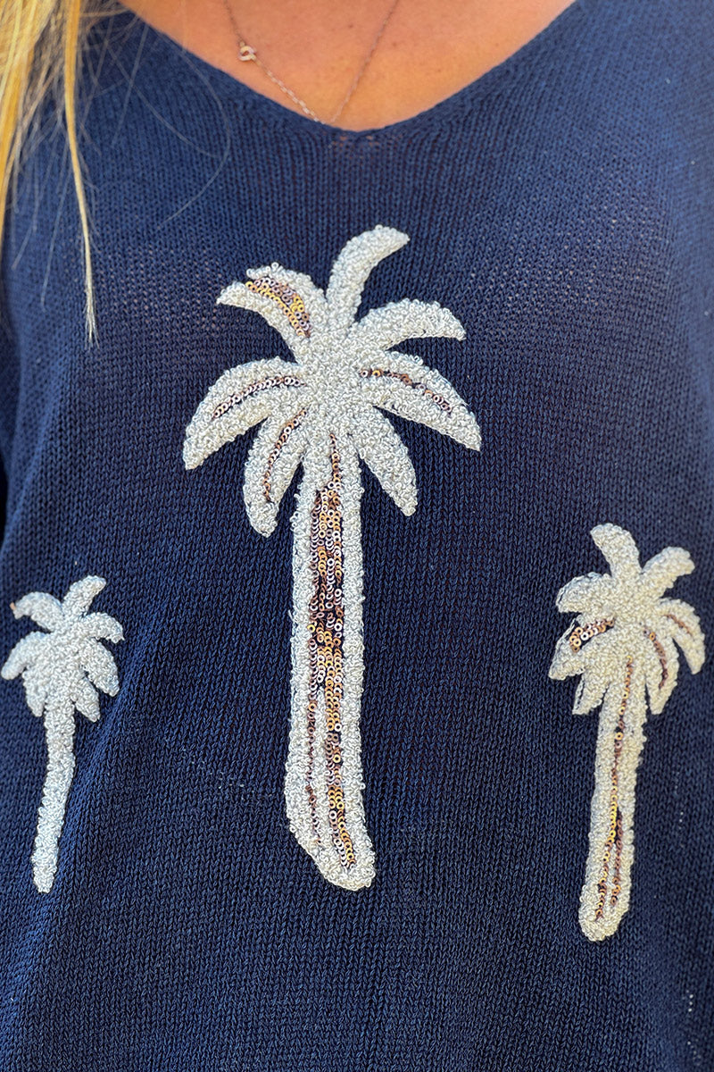 Pull loose bleu marine en maille mélangé coton broderie palmiers en bouclettes et sequins