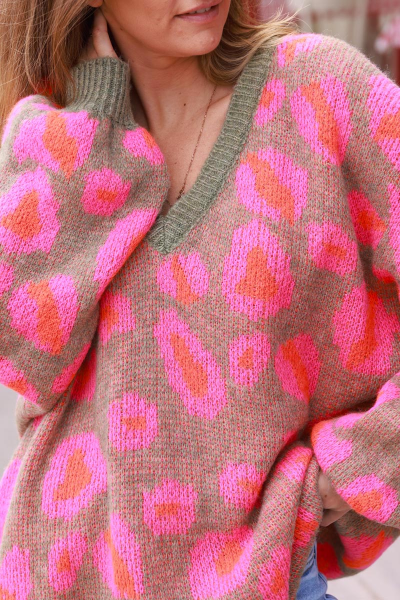 Khaki Knit Pink Leopard Print V-Neck Sweater