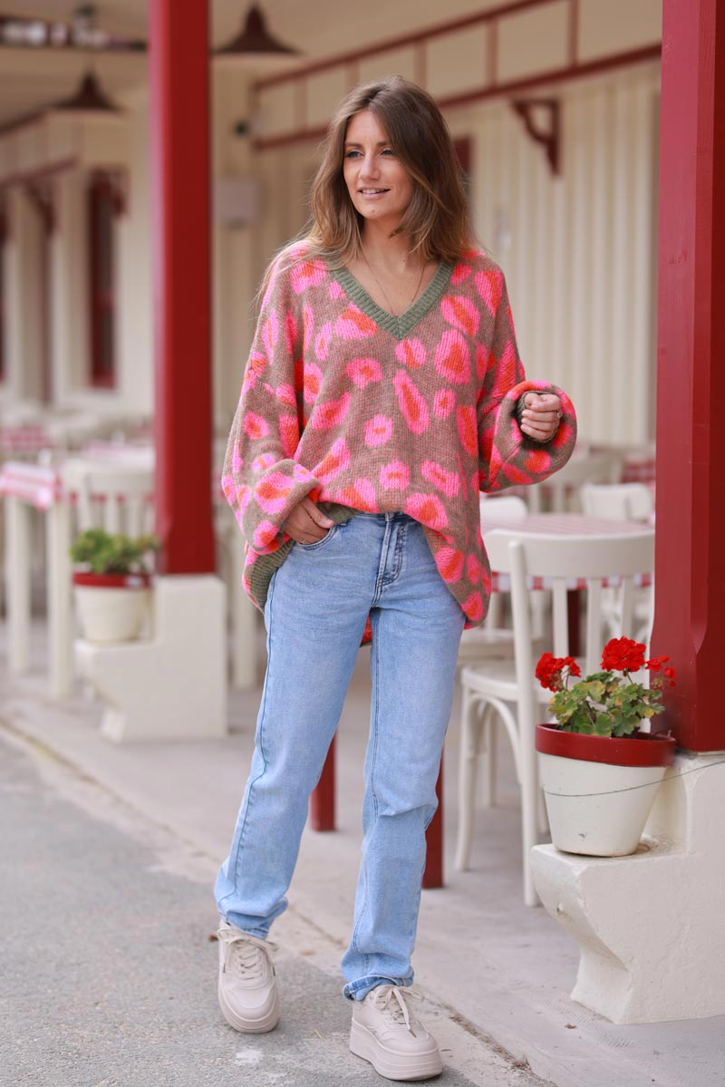 Khaki Knit Pink Leopard Print V-Neck Sweater